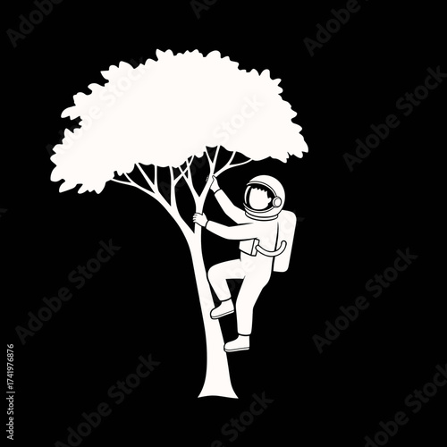 Astronaut Climbing Tree in Space Exploring New Worlds Adventure Concept.