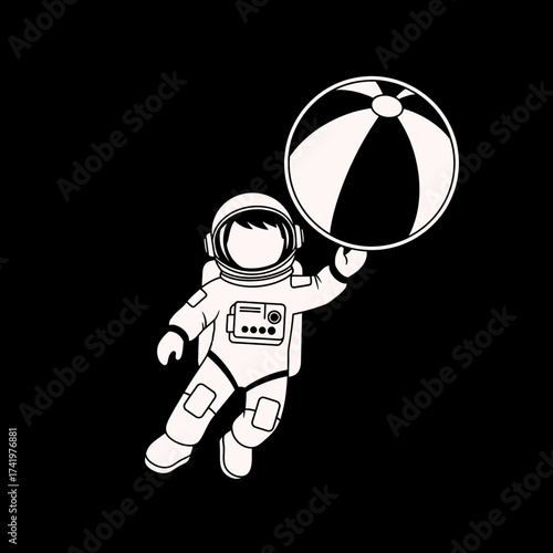 Astronaut in space holding a beach ball cartoon illustration.