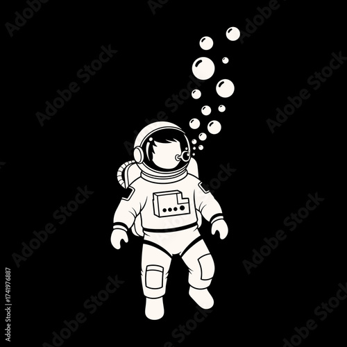Astronaut in space with bubbles floating upwards creative illustration.