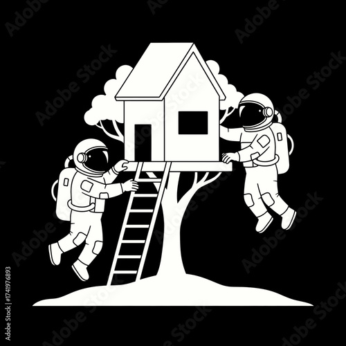 Astronauts building a treehouse in space a whimsical illustration.