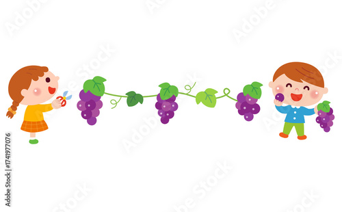 ぶどう狩りをするこどもたちのイラスト