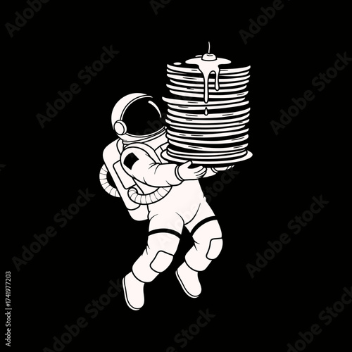 Astronaut floating in space holding a stack of pancakes with syrup 1.
