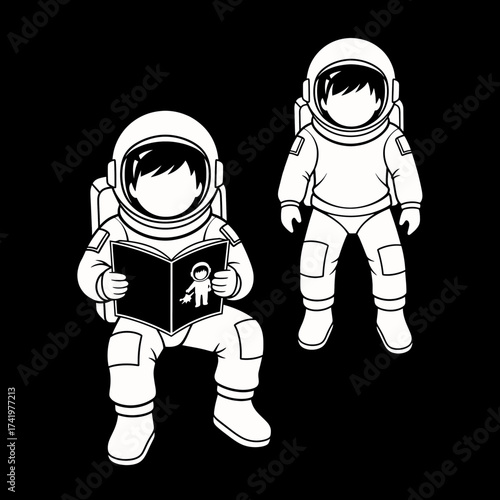 Astronauts reading a book about space exploration and standing.