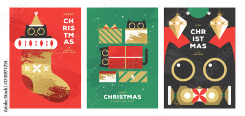 Set of Christmas holiday flat posters with funny cats, christmas sock, baubles and gift boxes. Christmas greeting card design. Vector illustration