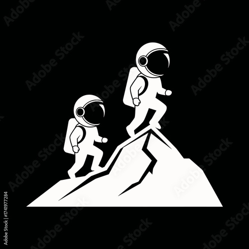 Astronauts climbing mountain peak space exploration adventure teamwork reaching goals.