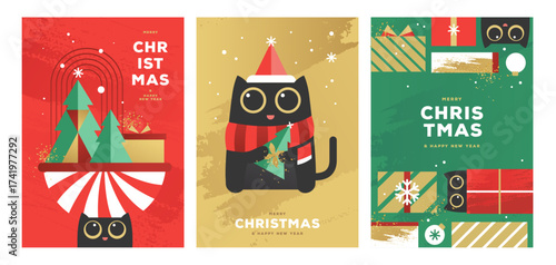 Set of Christmas holiday flat posters with funny cats, Christmas tree, baubles and gift boxes. Christmas greeting card design. Vector illustration