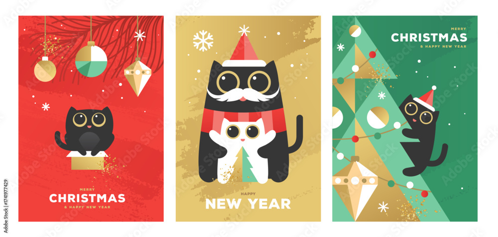 Fototapeta premium Set of Christmas holiday flat posters with funny cats, Christmas tree, gift box, baubles, and snowflakes. Christmas greeting card design. Vector illustration