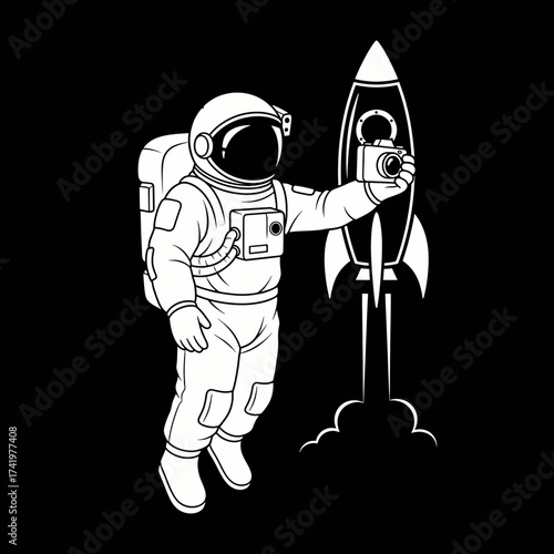 Astronaut taking a selfie with a rocket in space creative illustration.
