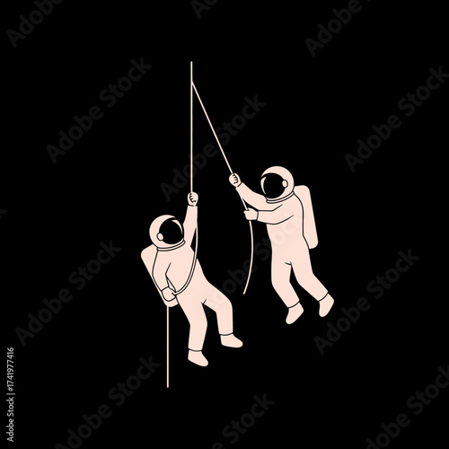 Astronauts climbing ropes in space teamwork and exploration concept.
