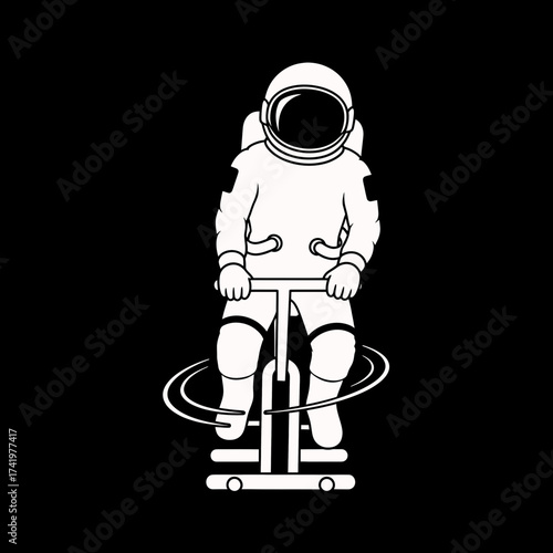 Astronaut riding a stationary bike in space fitness concept.
