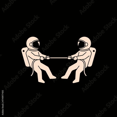 Two astronauts playing tug of war in space teamwork concept.