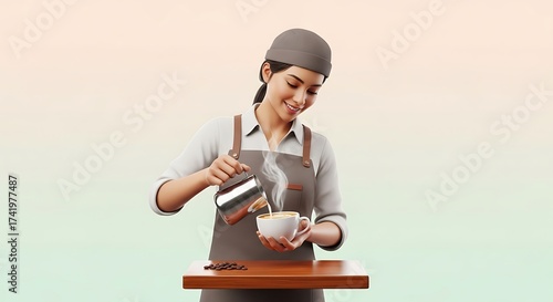 Skilled female barista in uniform meticulously crafting a delicious latte with steamed milk, showcasing precision and passion in coffee preparation