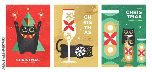 Set of Christmas holiday flat posters with funny cats, champagne glass, Christmas tree and candies. Christmas greeting card design. Vector illustration