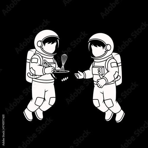 Astronauts in space cooking food together with a whisk and plate.
