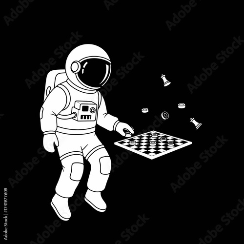 Astronaut playing checkers in space with floating pieces and a chessboard.