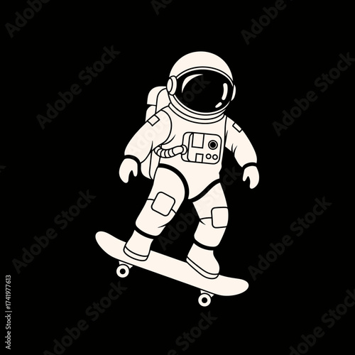 Astronaut skateboarding on a black background cool space illustration.