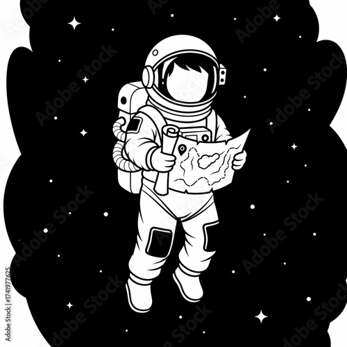 Astronaut in space holding a map exploring the unknown universe spacewalking.