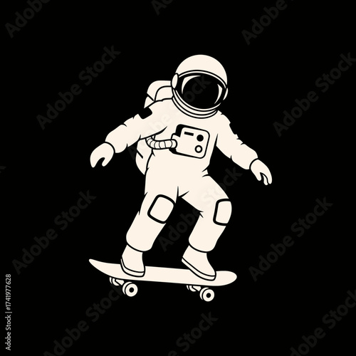 Astronaut skateboarding on black background space adventure concept.