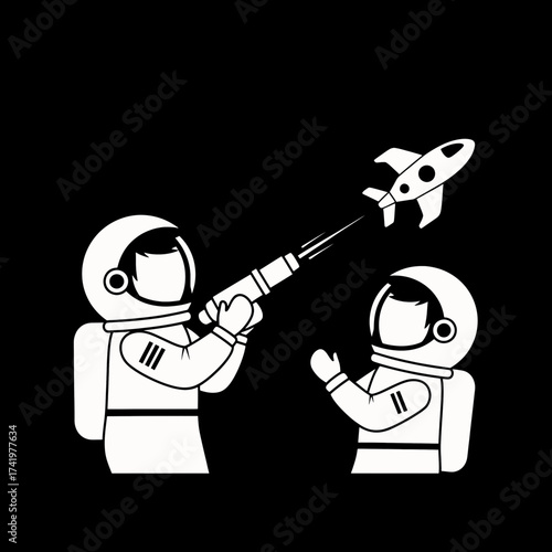 Astronauts Launching Rocket in Space Black and White Illustration.
