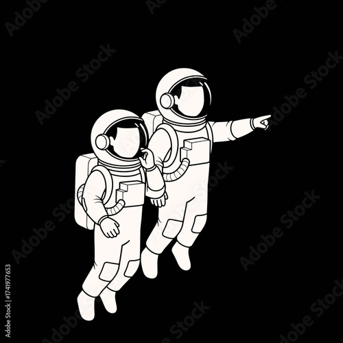 Two astronauts floating in space pointing towards something interesting.