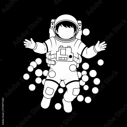 Astronaut in space with hands reaching out surrounded by floating bubbles.
