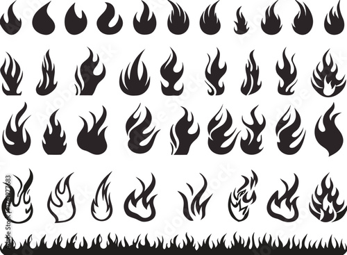 Set of black flames illustrated on white background

