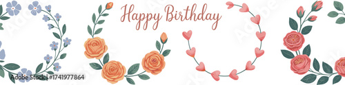 Beautiful floral wreath birthday card collection, elegant flower frames, romantic blossoms, watercolor design, perfect for greeting cards, invitations, and decorations