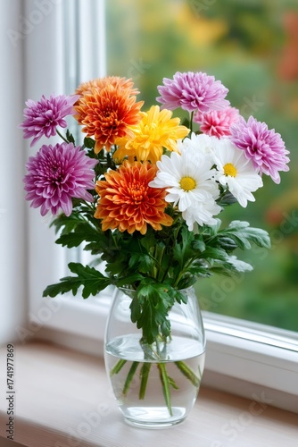 Wallpaper Mural Colorful chrysanthemum bouquet standing in a vase on a wooden windowsill Torontodigital.ca