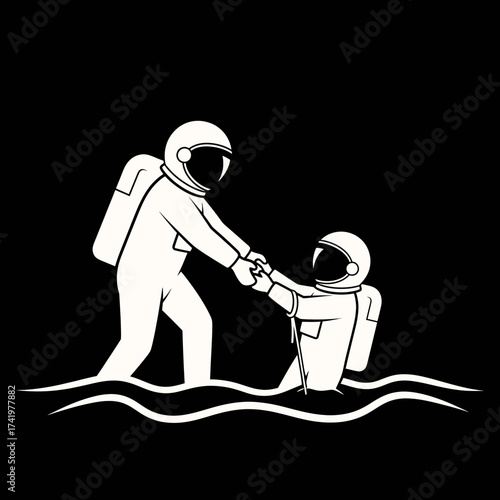 Astronauts in space helping each other teamwork and support concept.