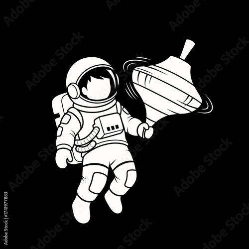 Astronaut in space playing with a spinning top toy creative illustration.