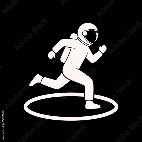 Astronaut running inside a circle space exploration concept white silhouette.