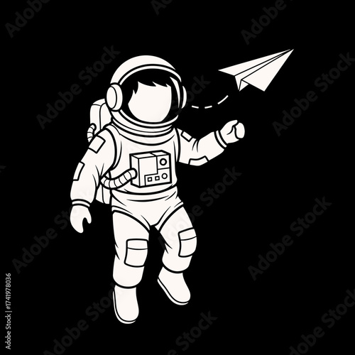 Astronaut in space with a paper airplane creative illustration.