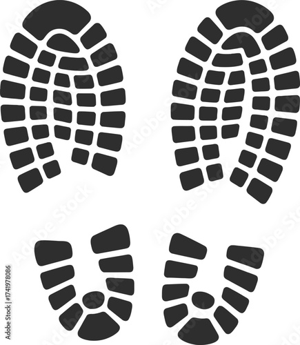 Two black shoe prints with detailed treads on transparent background silhouette