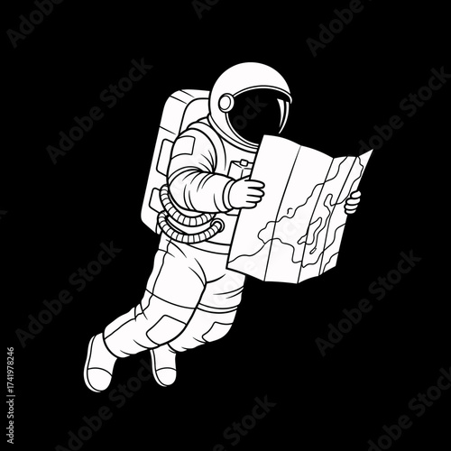 Astronaut floating in space reading a map exploring the unknown.