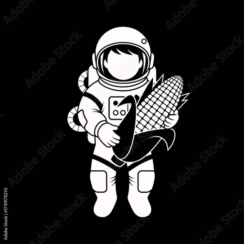 Astronaut holding corn on the cob in space black and white illustration.