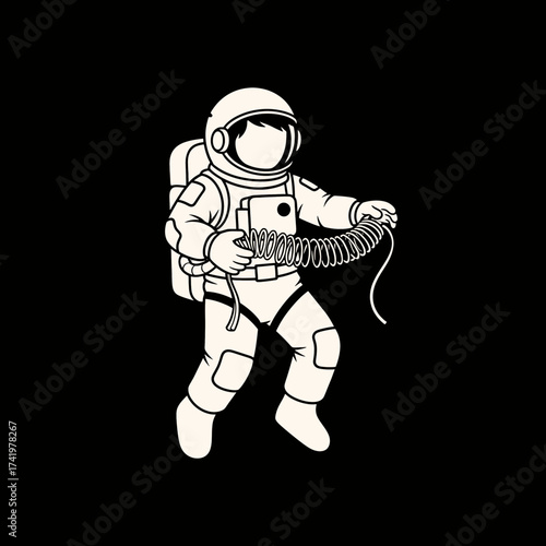 Astronaut in Space Suit Holding a Coiled Hose.