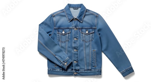 Denim jacket mockup laid flat with sleeves folded, isolated white background, classic casual fashion apparel, clean product presentation, modern clothing branding concept