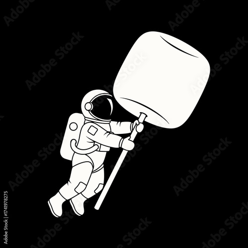 Astronaut floating in space holding a giant marshmallow on a stick.