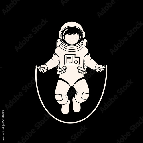 Astronaut in space jumping rope for fitness and exercise.