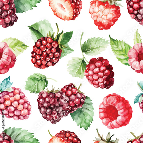 watercolor raspberries and blackberries berry Seamless pattern on white background red berries with leaves for fabric design, rustic kitchen textiles, packaging and botanical print projects
