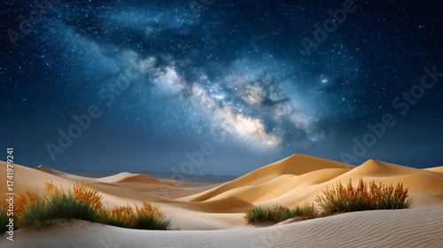 Desert sand dunes under a starry Milky Way night sky
