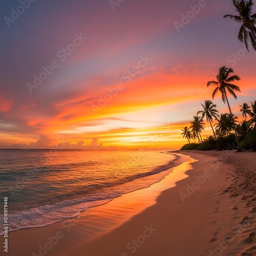 Tropical Beach Sunset with Palm Tree Silhouettes
