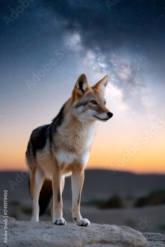 Coyote standing under Milky Way galaxy at dusk