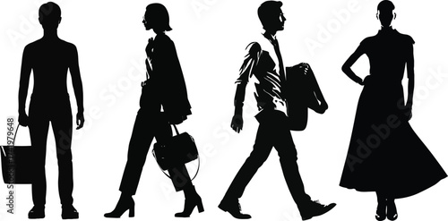 Diverse business casual silhouettes of men and women in motion fashionable attire