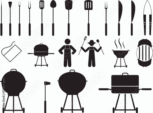 Barbecue grill and tools with pictogram people illustrated on white

