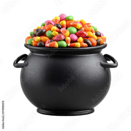 Black cauldron filled with colorful candies Halloween party isolated on transparent background, Clipart png