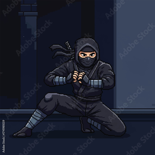 A pixel art illustration of a ninja in a black suit and hood, crouching in a fighting stance on a rooftop at night.