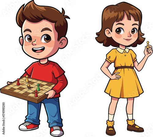 Happy children playing board game, boy holding chessboard, girl with pawn, fun educational activity, cute cartoon illustration