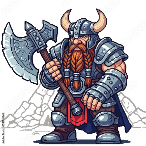 A pixel art illustration of a fierce dwarf warrior in full armor, holding a large battle axe, with mountains in the background.