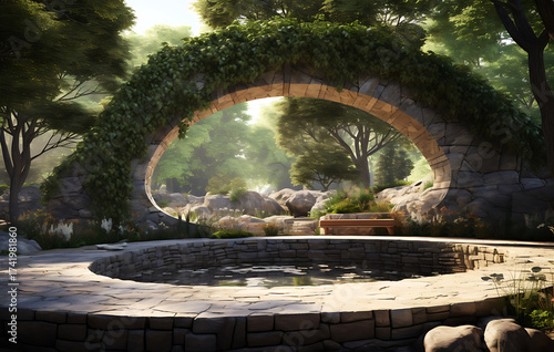 A serene stone stage, harmoniously integrated within a picturesque woodland garden, gracefully embraced by a natural archway. A blend of nature's beauty and human design.